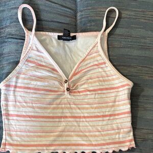 Forever 21 Cream and Pink Striped Cropped Cami with Button Front